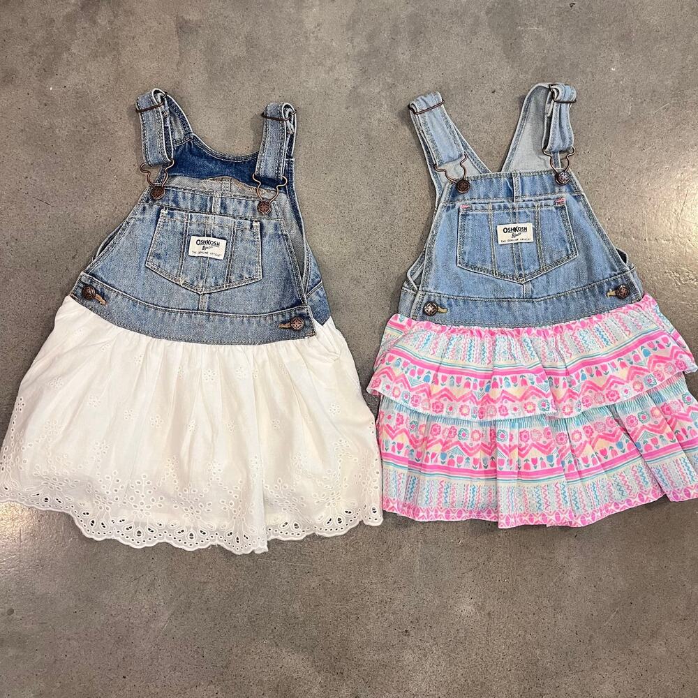 Osh Kosh Bgosh overall dress white pink multi ruffle cotton dress baby 24mo set